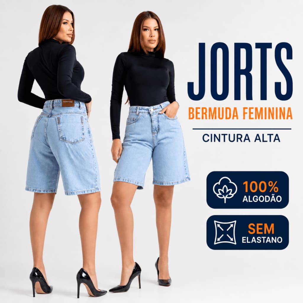 Bermuda Jeans Feminina Jorts 100% Algodão Cintura Alta Comprida Sem Elastano Premium Sonhare Jeans