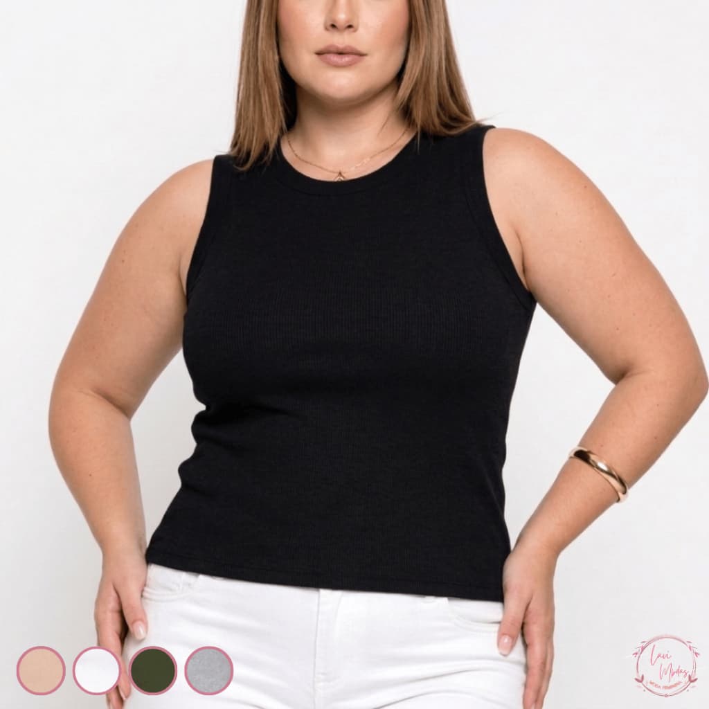 Regata Plus Size Feminina Básica Ribana Canelada Versátil Gola Redonda
