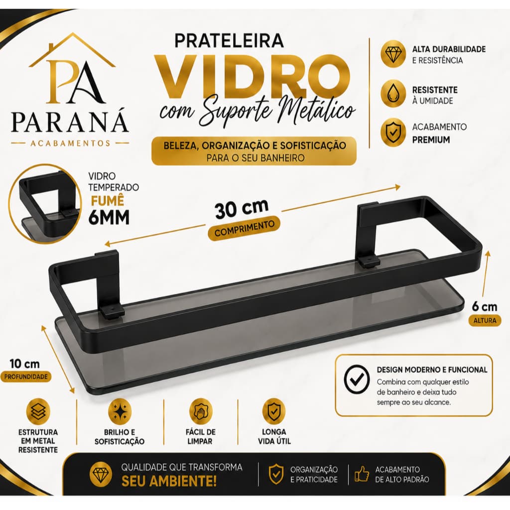 Porta Shampoo Retangular Vidro Preto Fosco Luxo 30X10