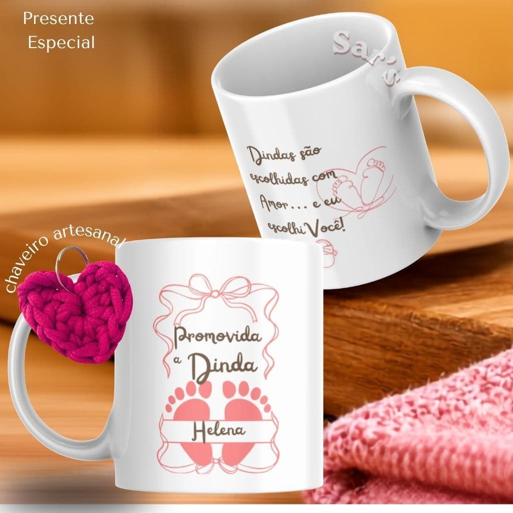 kit presente - Caneca "Promovida a Dinda" + Chaveiro coração + caixa presente - Presente Especial