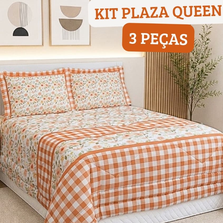Kit Edredom Casal Queen Plaza 3 Peças Micropercal 200 Fios Forrado Estampa Digital Exclusiva Toque Macio Suave