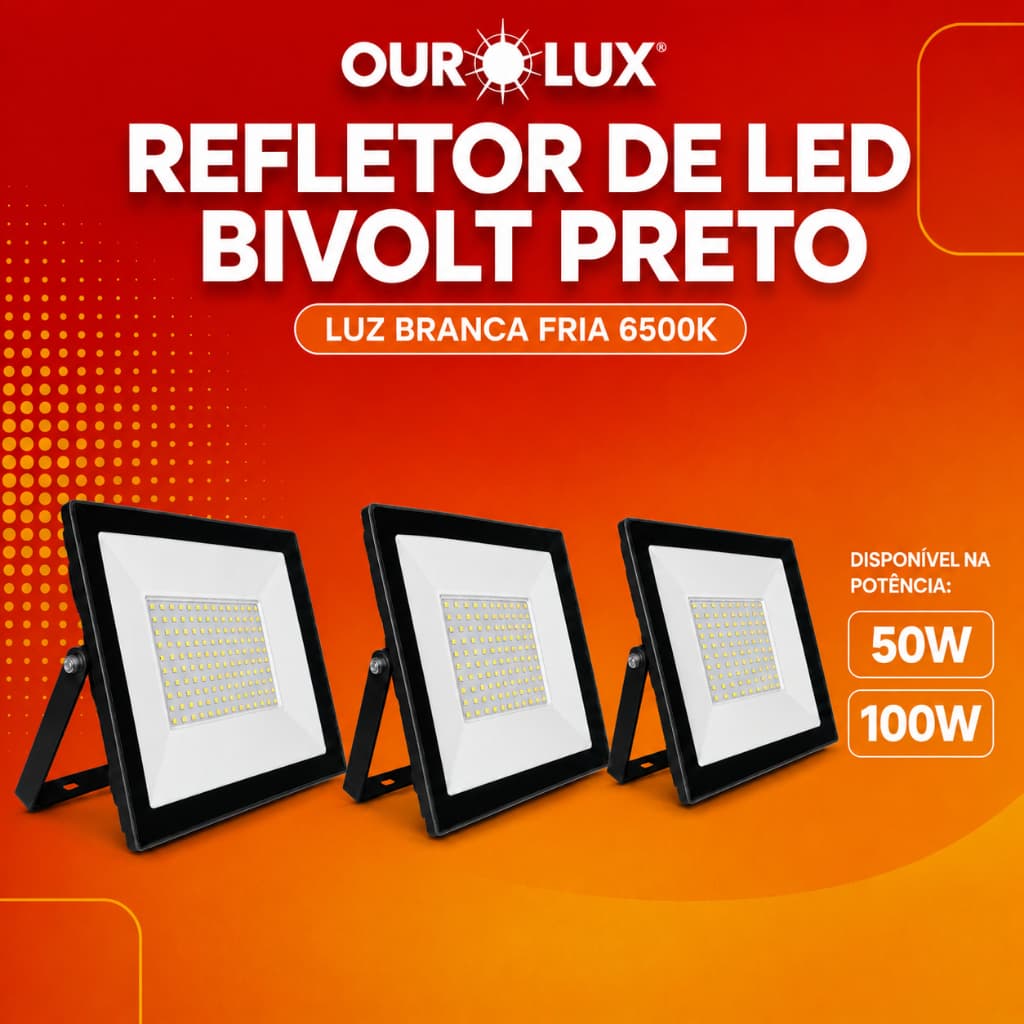 Kit 3 Refletor Superled 50W 100W 6500k Branca frio Prova d'Água Bivolt Externo Preto IP65 Ourolux