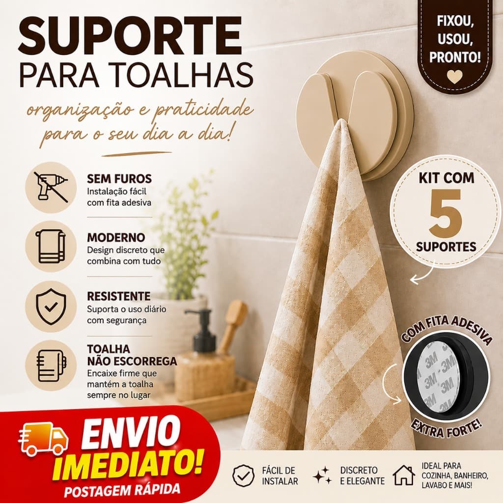 KIT 5 Suportes V para Toalha Adesivo sem Furo Porta Toalha Cozinha Banheiro Gancho Moderno Autocolante