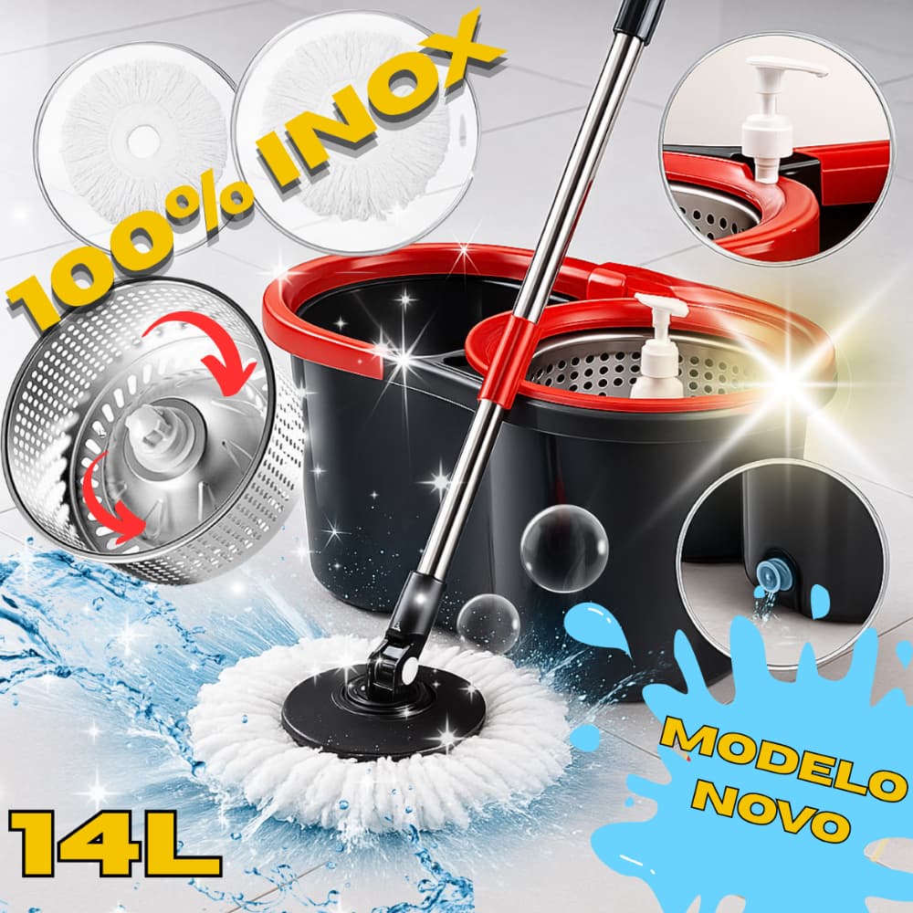 Mop Com Cabo De 140 cm + 2 Refis Com Rodinhas e Cesto Em Inox Balde 14 Litros Grande Centrífuga Giratório Limpeza Pesada