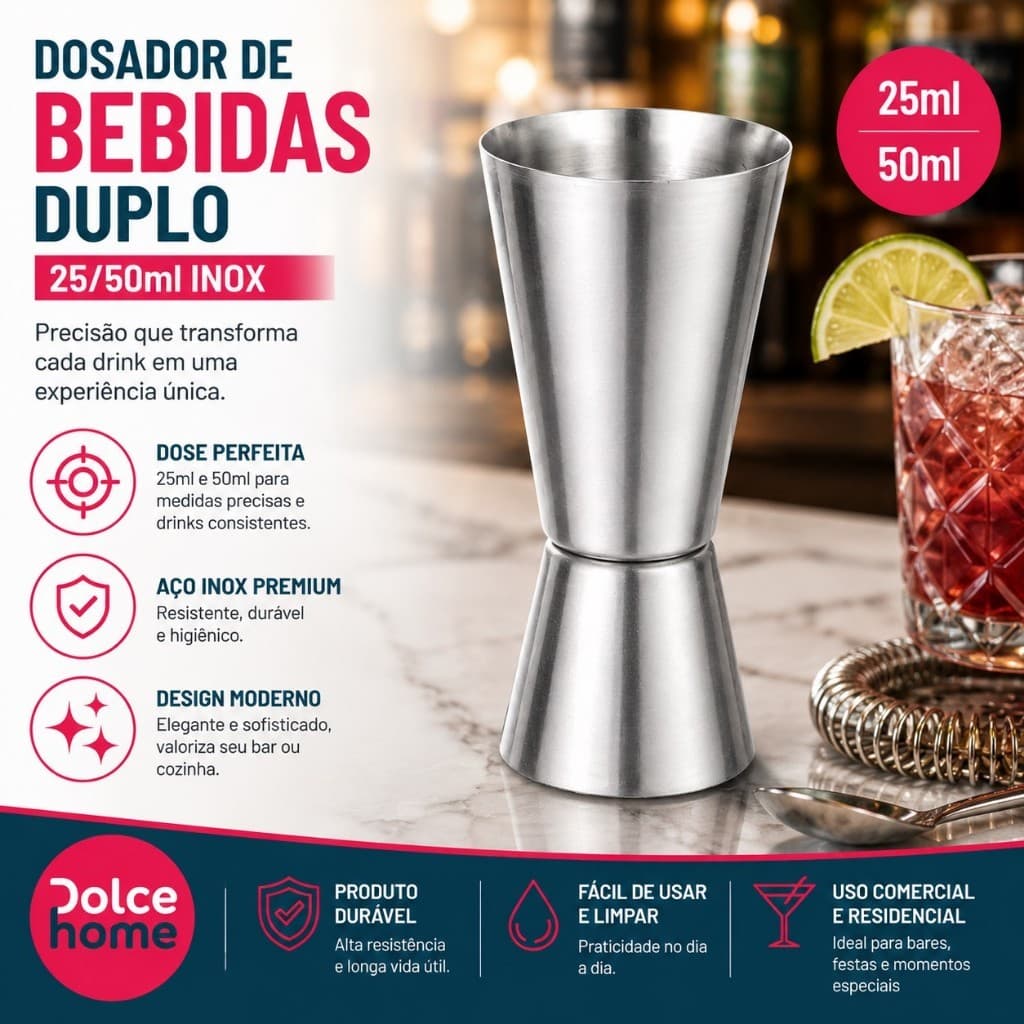 Dosador Duplo Inox Copo Medidor 50x25ml Bebida Drink Bar