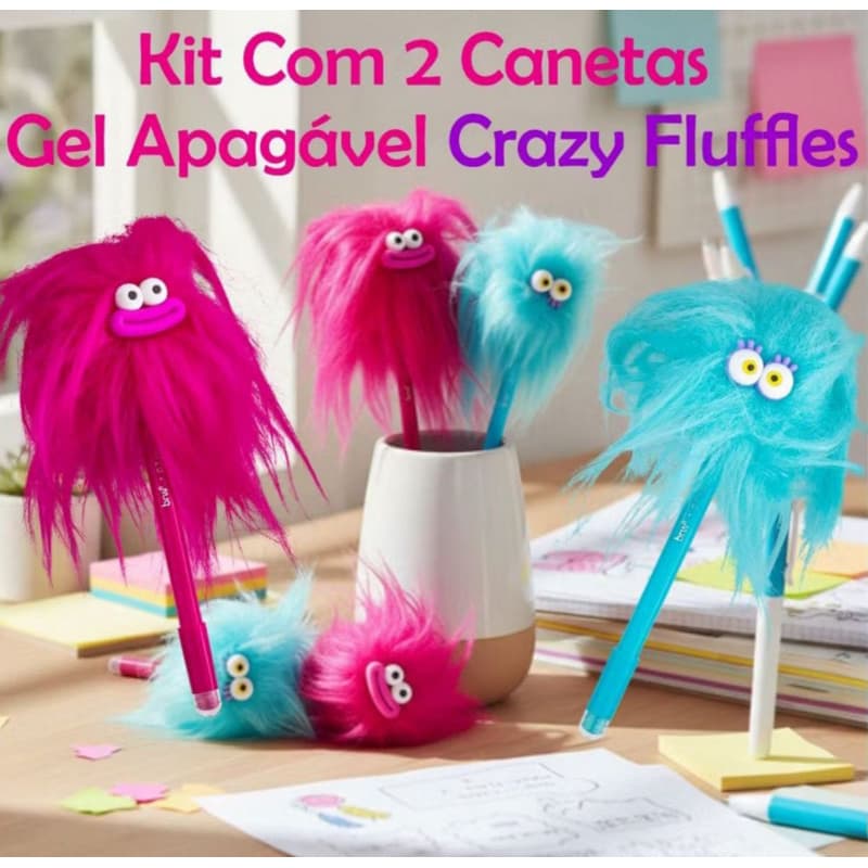 Kit 2 Canetas Gel Apagável Crazy Fluffles 0,7mm Divertidas, Criativas e com Pelúcia BRW Cor Rosa e Azul