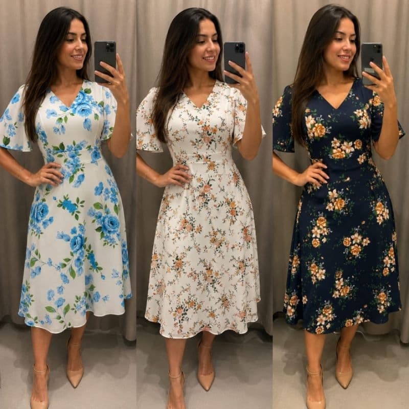 Vestido Midi Poá e floridos  gola V no tecido crepinho Elegante e Delicado – Moda Feminina Evangélica, Casual Chic, Solt