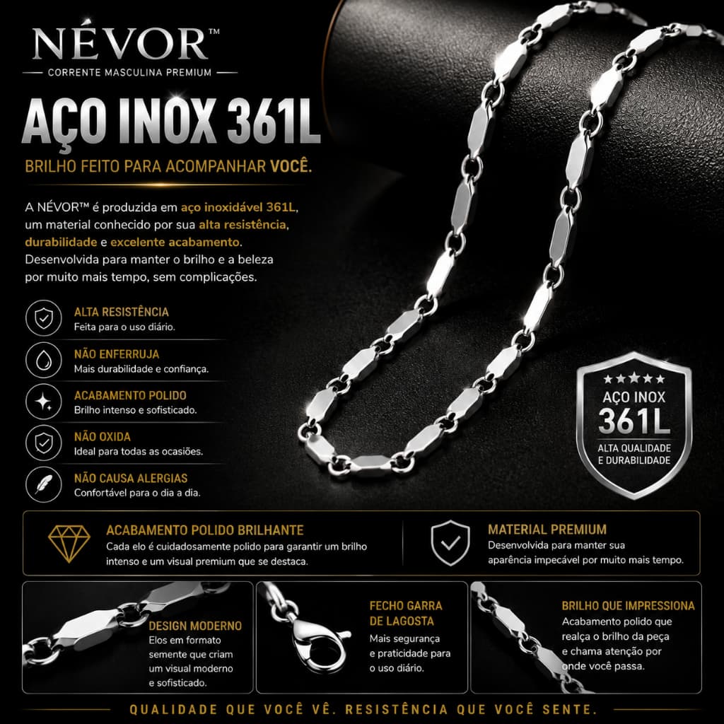 Corrente Masculina Aço Inox 361L 60cm 3mm Prata Polida Brilhante