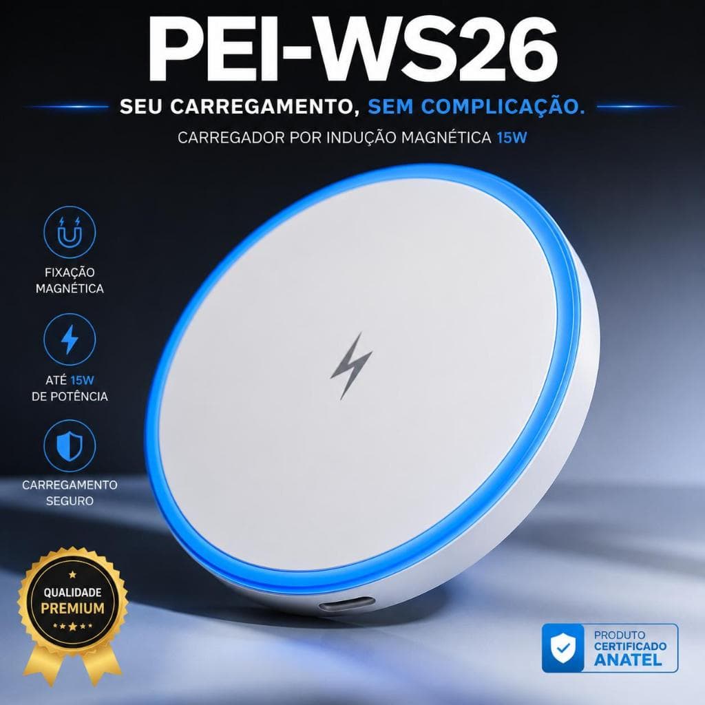 Carregador Sem Fio Magnético 15W PEI-WS26 USB-C para Smartphone e Fone