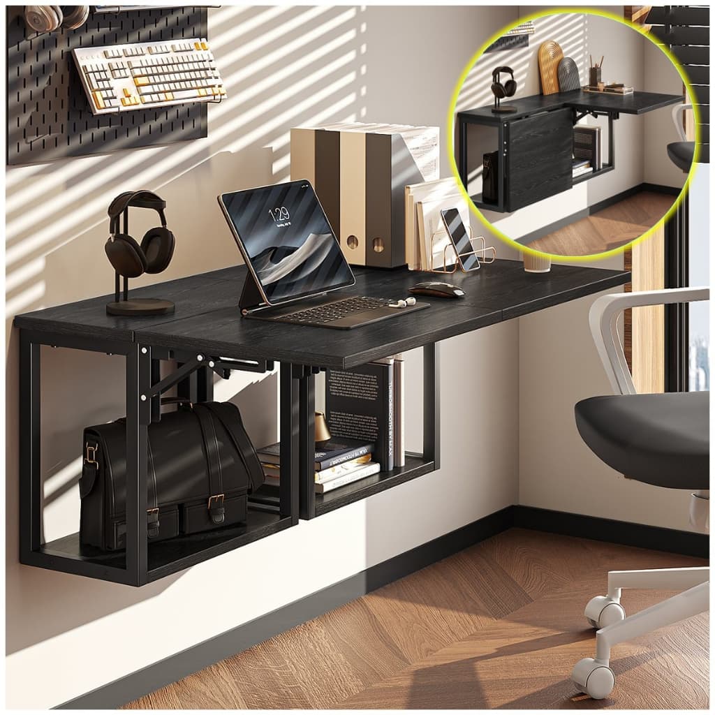 Mesa Dobrável de Parede com Estante 2 Peças Escrivaninha Suspensa Retrátil para Quarto Escritório mesa lateral para sofá