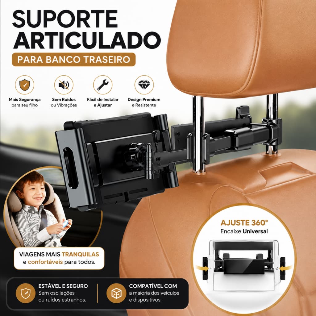 Suporte articulado para colocar tablet e celular no banco de traz do veiculo para crianças
