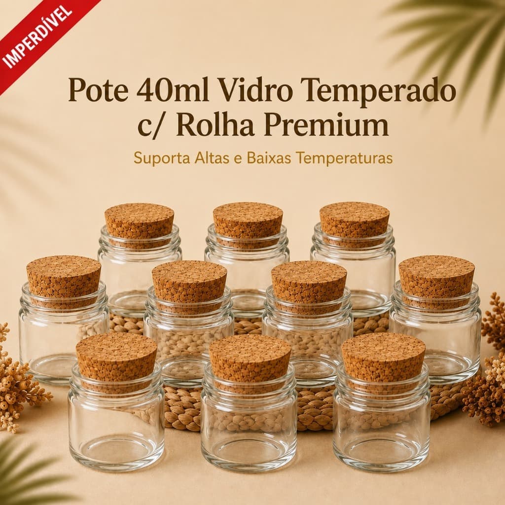 20 Potinho Vidro Redondo 40ml - Tampa Cortiça Rolha Promoção