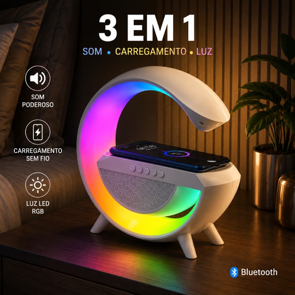Caixa Som Portátil Bluetooth Carregador Wireless Iluminação RGB Carregador Sem Fio Por Indução