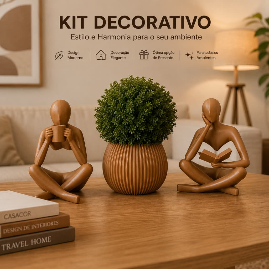 Kit Decorativo - Decoração Estatuetas Leitor + Pensador + Vaso em Espiral Moderno