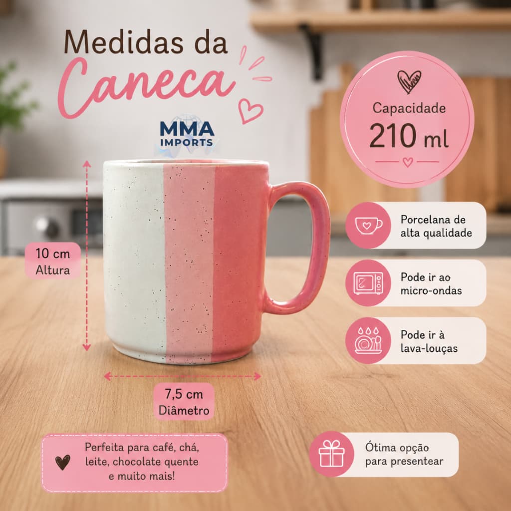 Caneca de Cerâmica Porcelana Ternura Rosa 210ml Chá Café Bebidas Quentes
