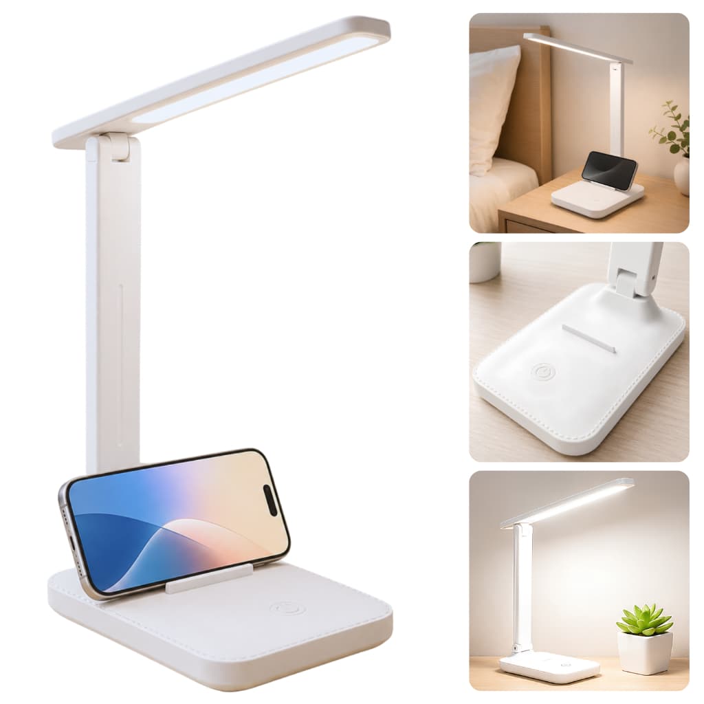 Luminária LED de Mesa com Suporte para Celular - Luminária Branca para escrivaninha/cabeceira - USB