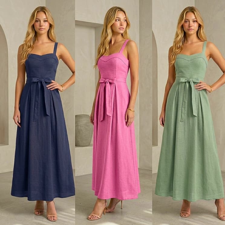Vestido Longo Feminino Linho Com Lastex Costas E Cinto Amarração Tendência Elegante