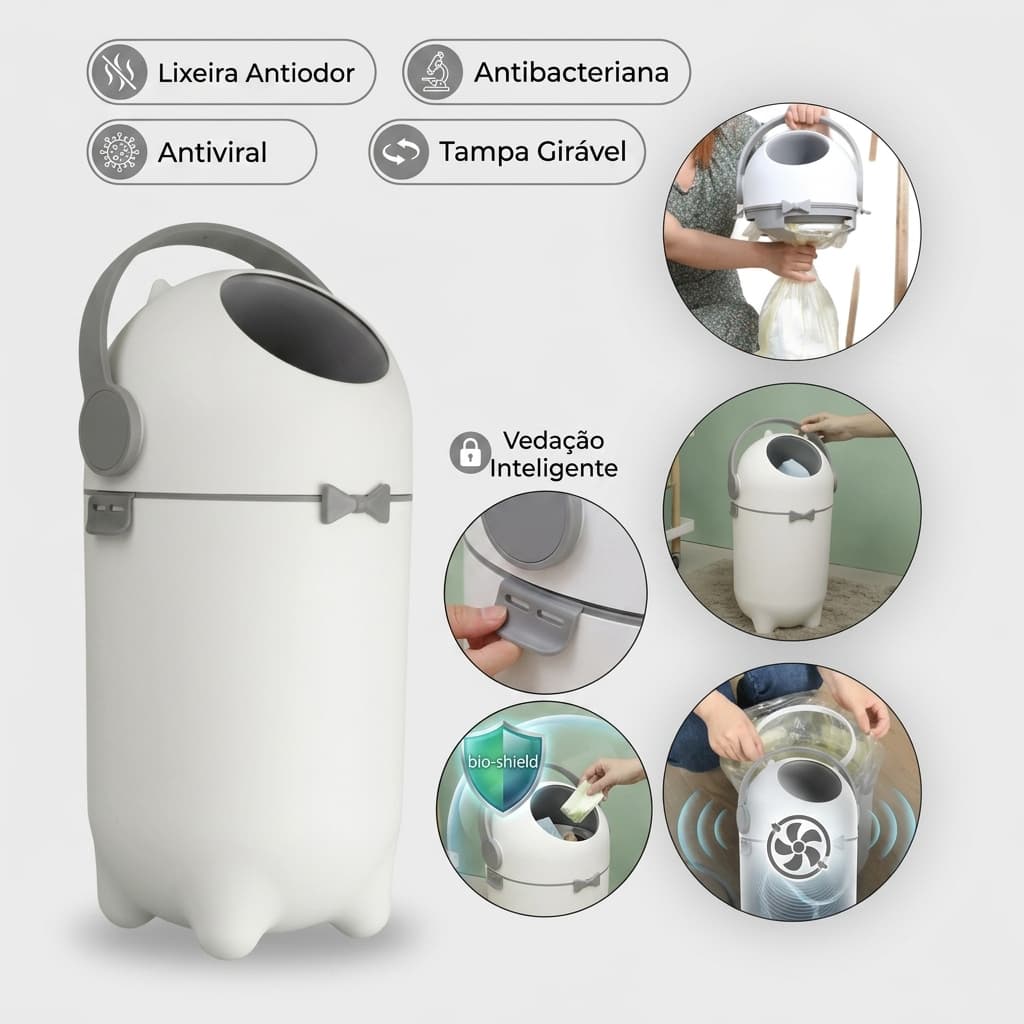 Lixeira Antiodor Grande Tampa Girável 10L Fraldas Bebê Pet Antiviral Lixo Banheiro Cozinha Quarto
