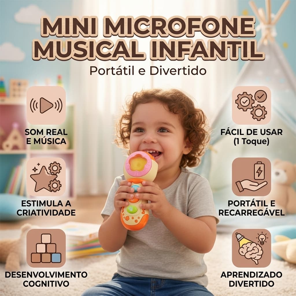 Mini Microfone Musical Infantil Portátil com Som Real – Brinquedo Educativo e Divertido para Crianças