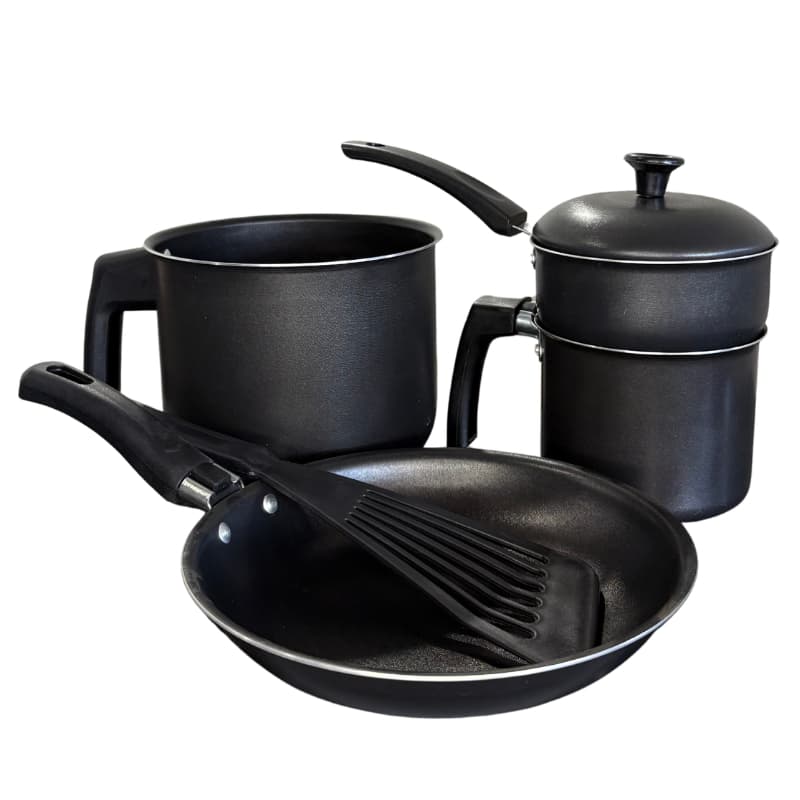 Kit Cafe da Manha 4 Peças Frigideira 18cm Leiteira 14cm Cuscuzeira Espatula Cozinha Panelas Antiaderente Teflon