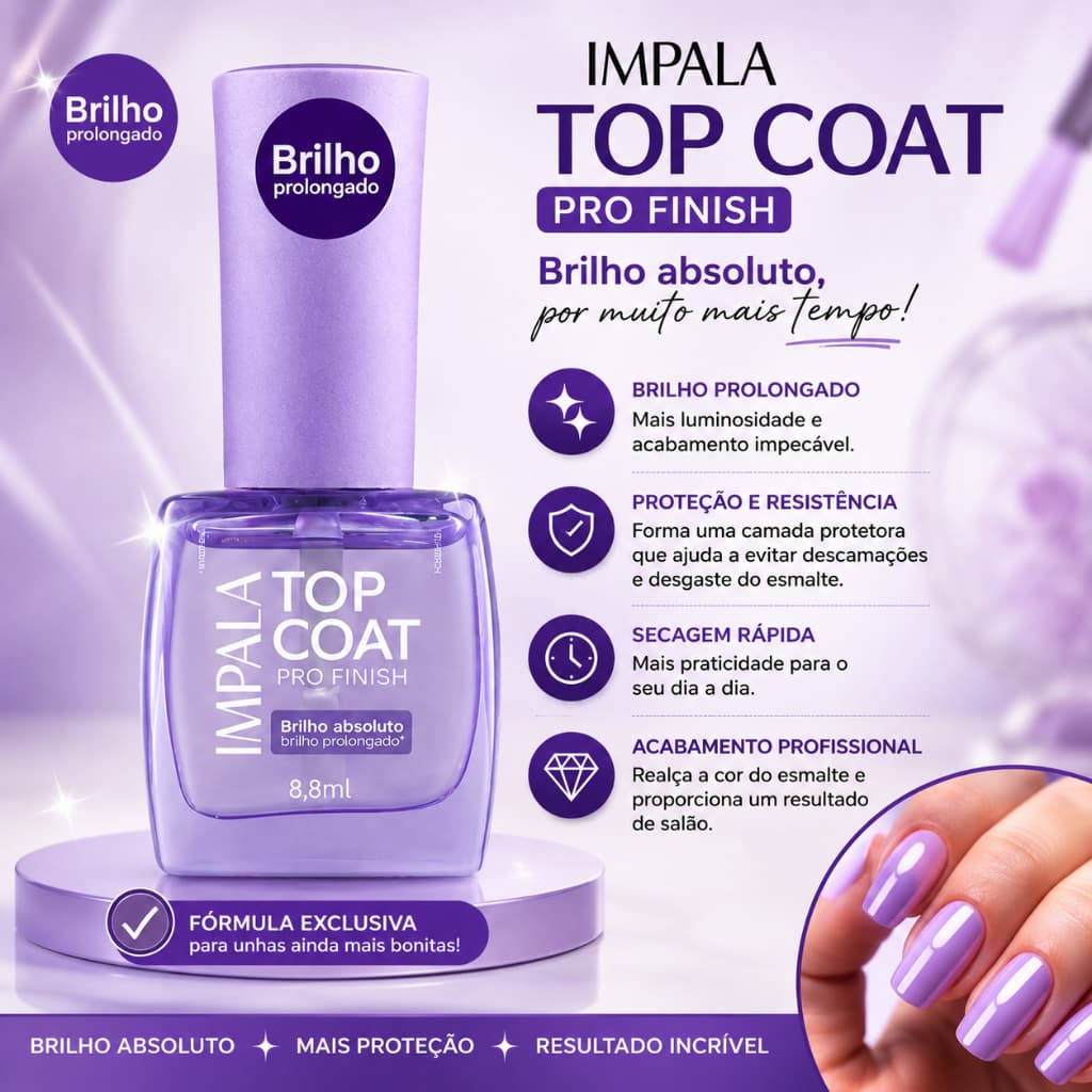 Esmalte Impala Top Coat Pro Finish Bilho Prolongado Lançamento Manicure