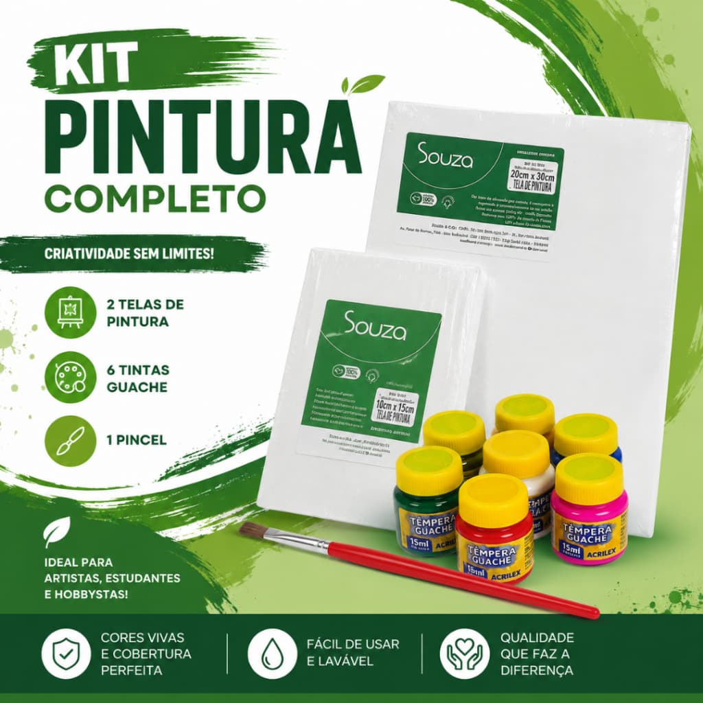 Kit Pintura Infantil com Telas Pincel e 7 Tintas Guache para Pintar e Colorir