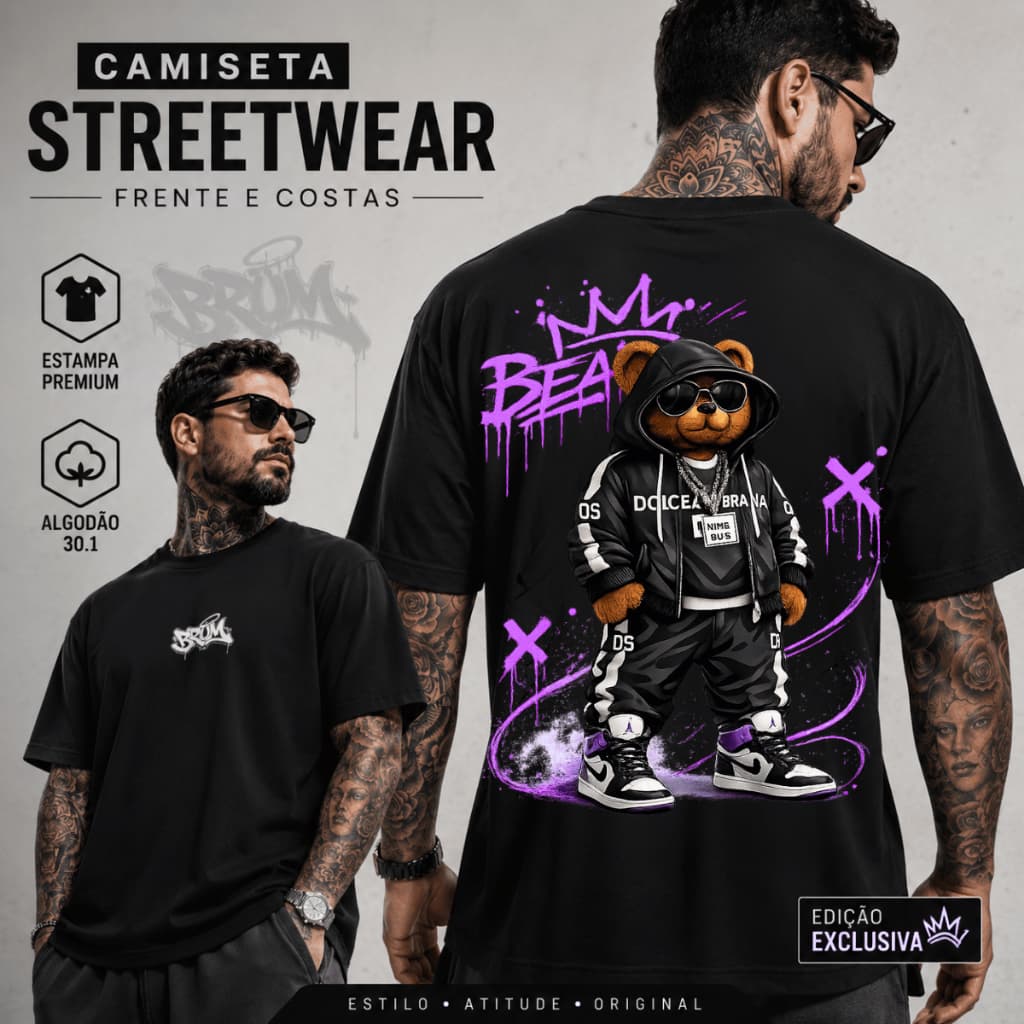 Camiseta Masculina Casual Estampa Urso Bear Blusa Streetwear 100% Algodão Premium Envio Imediato