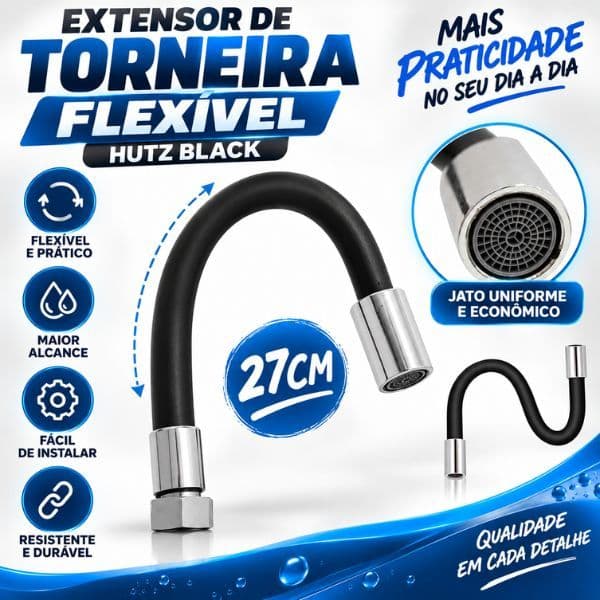 Extensor de Torneira Flexível Hutz Black 27cm - Bico Arejador Mangueira 360 Graus para Pia Cozinha