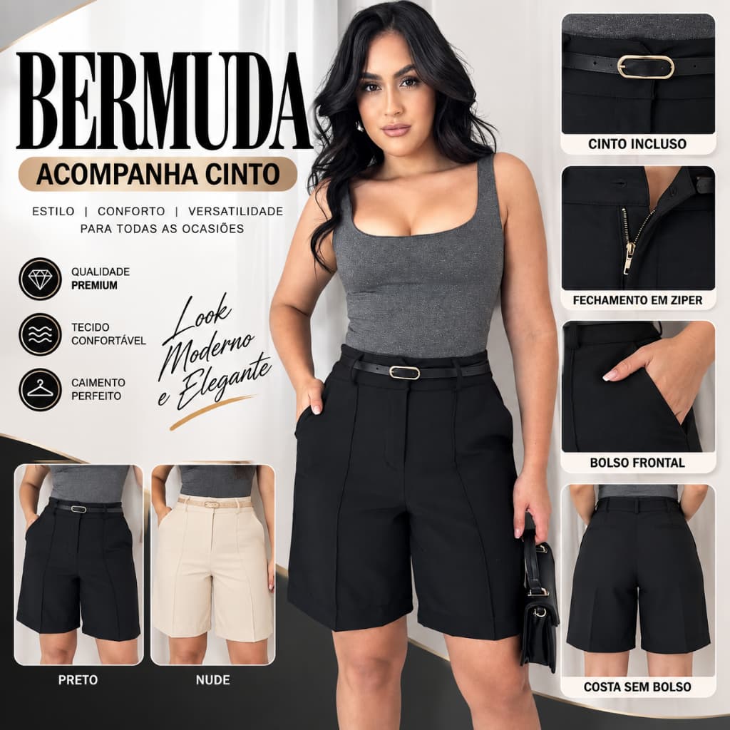 Short Bermudas Cor Preto Feminina Com Cinto P Ao GG FORMA GRANDE AS PEÇAS