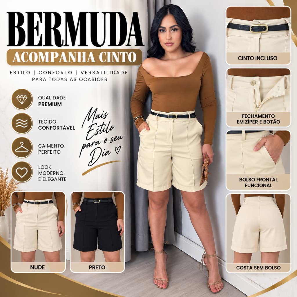 Short Bermudas Feminina Com Cinto Social FORMA GRANDE AS PEÇAS
