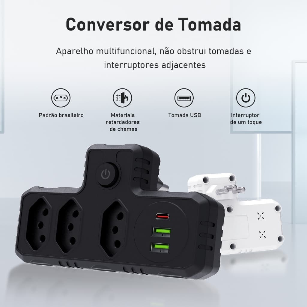 Extensão de Tomada 3 Saídas + 2 USB + Type-C Bivolt 2500W Filtro de Linha Carregador