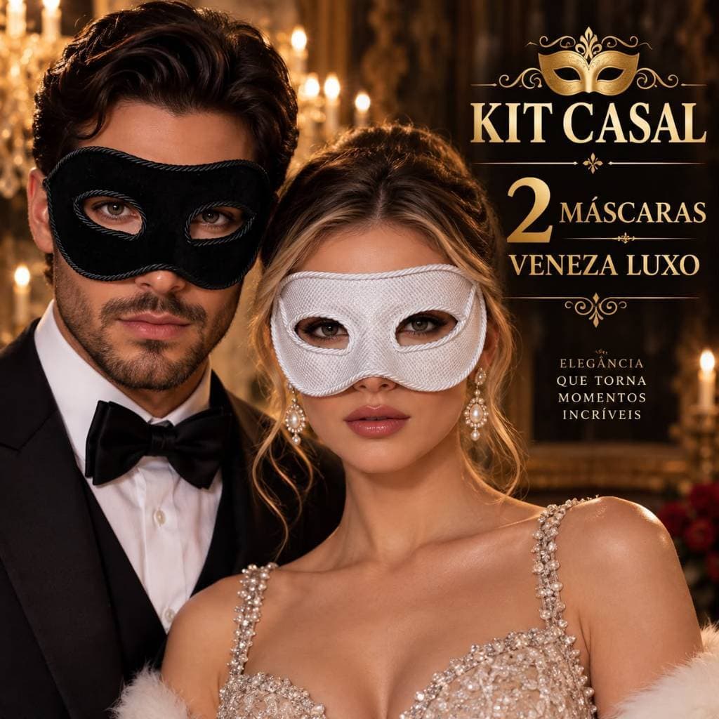 Kit Casal 2 Máscaras Veneza Luxo Preta e Branca Para Baile Festa Fantasia Casamento Noiva Noivo