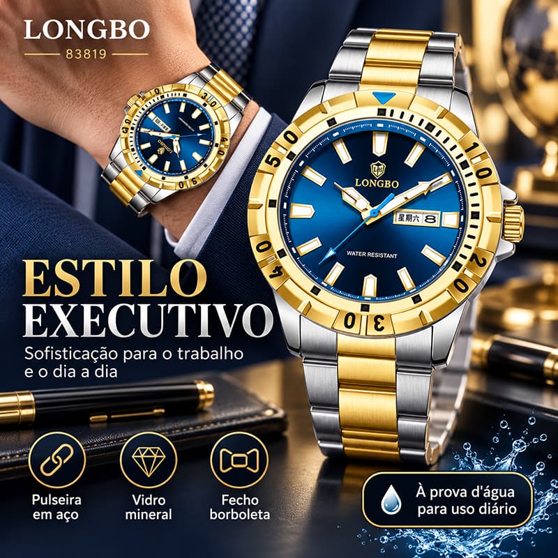 Relógio Masculino LONGBO 83819 Quartzo 43mm Pulseira de Aço, Calendário Duplo, Luminoso, Resistente à Água 30M
