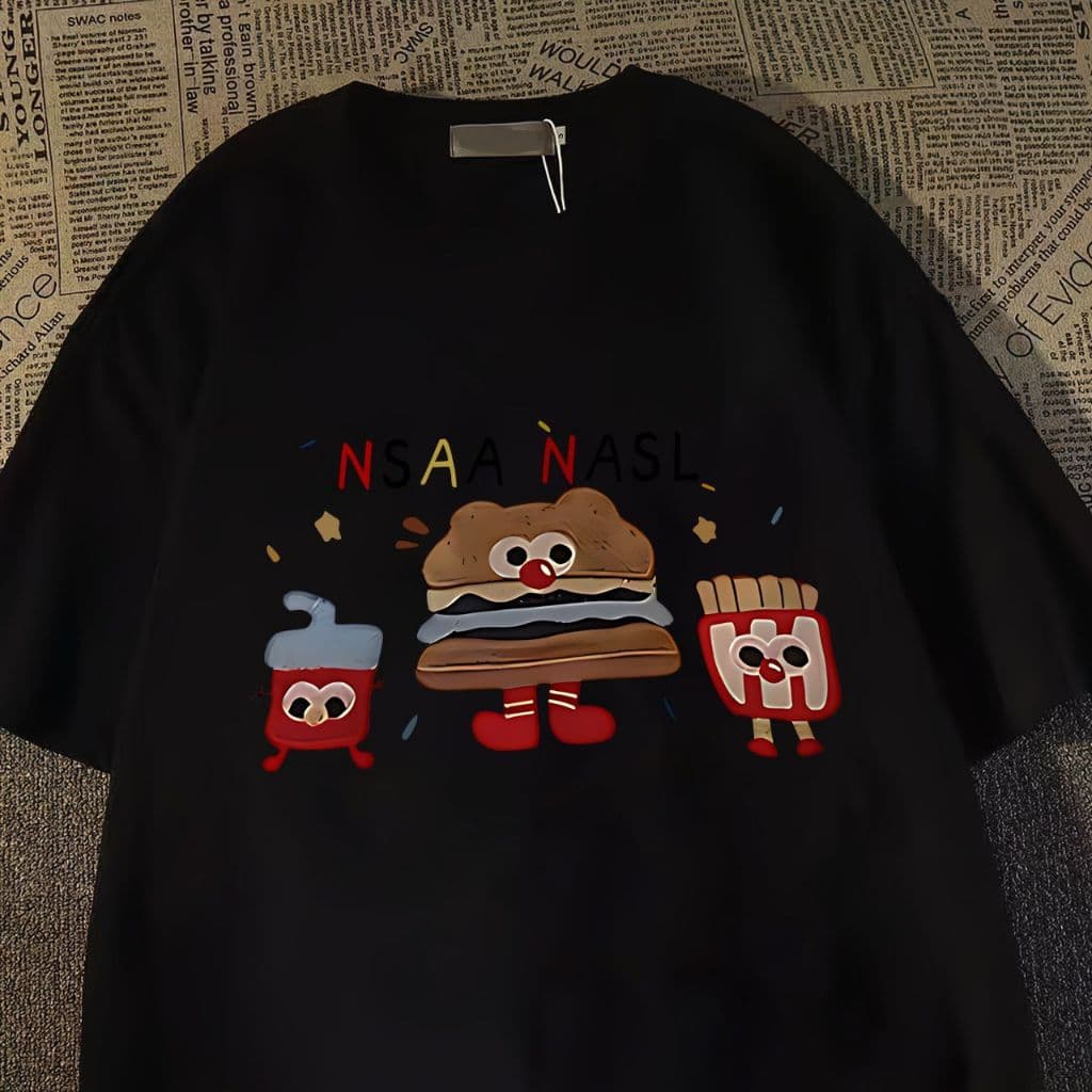 Camiseta Feminina Hambúrguer Batata Frita Estampa Fofa Preto Branco Confortável