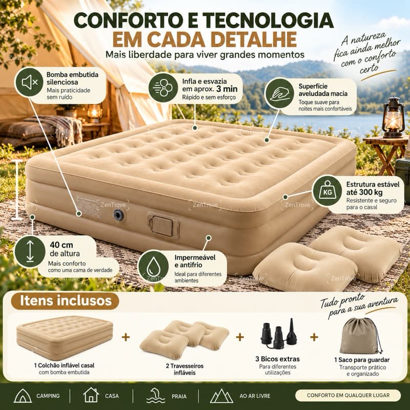 🔥 🔥Colchão Inflável Casal Inflável até 300 kg + Bomba Embutida + Travesseiro Para Camping Praia Casa Ao Livre