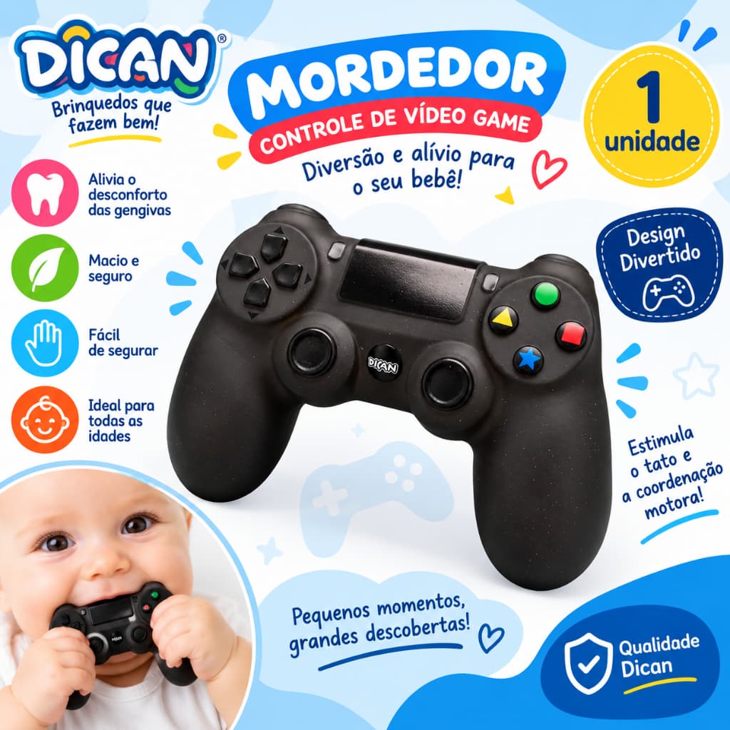 Mordedor Bebê Controle Video Game Dican Anatômico Estimula Coordenação Motora +4 Meses