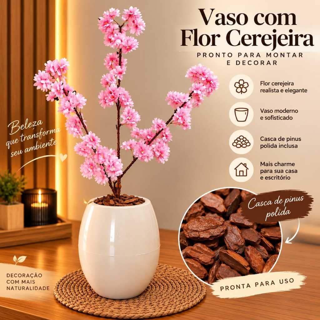 Vaso Decorativo Oval com Flor de Cerejeira Artificial + Casa de Pinus Polida