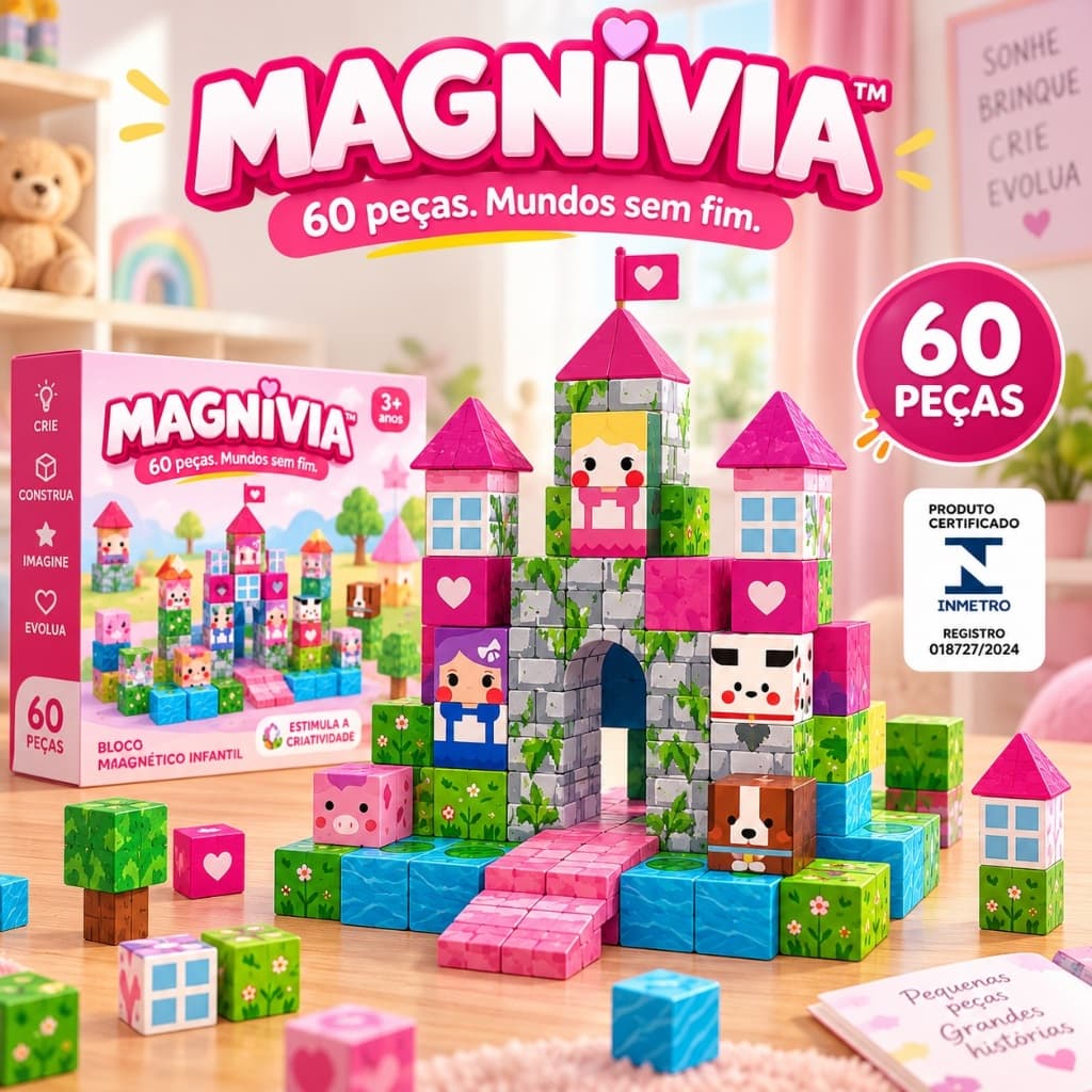 Kit Brinquedo Educativo Blocos Magnéticos Infantil 60 Peças Rosa Desenvolvimento Criatividade
