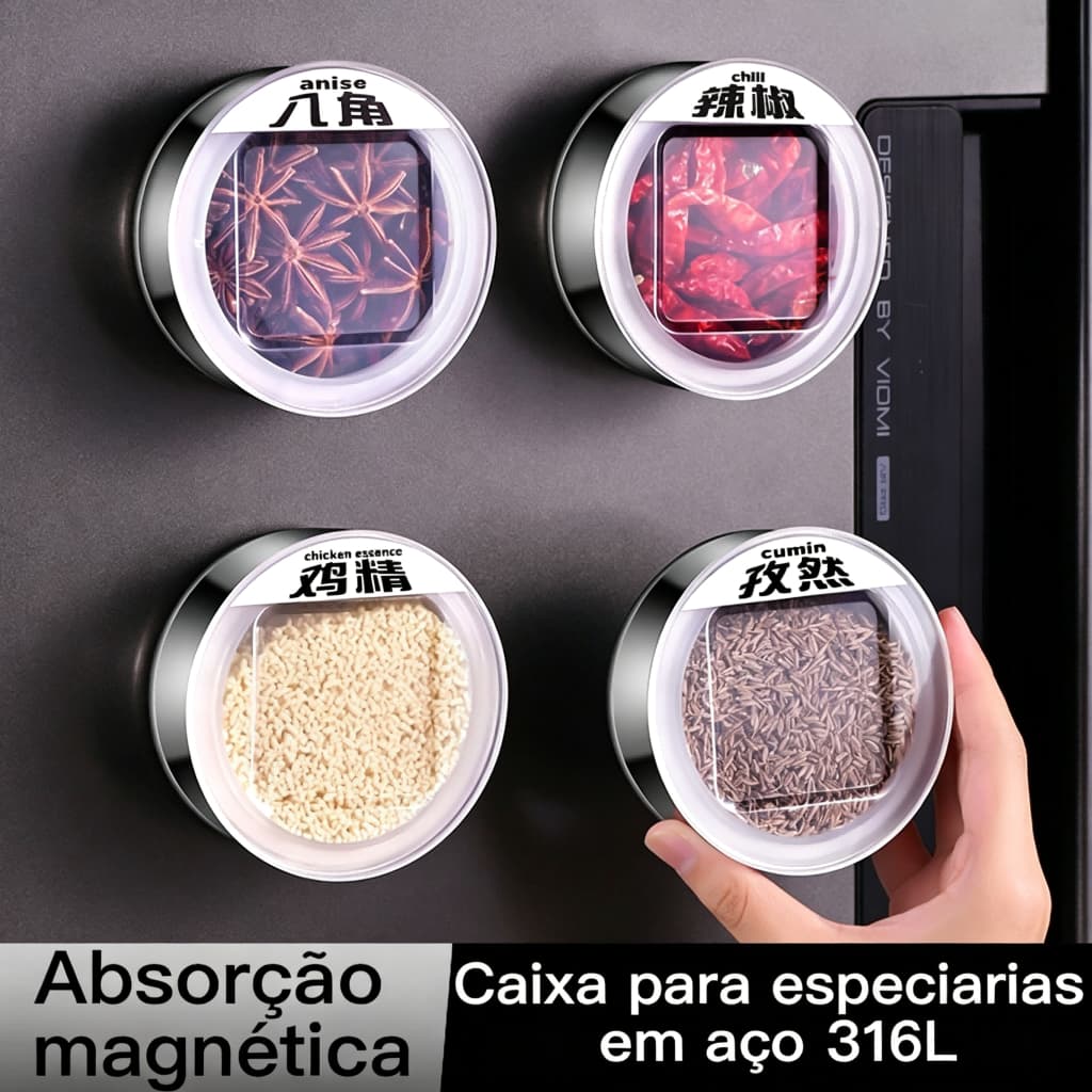 Porta Temperos Magnético 316L Inox – Pote para Temperos com Janela e Vedação de Silicone – Ideal para Geladeira