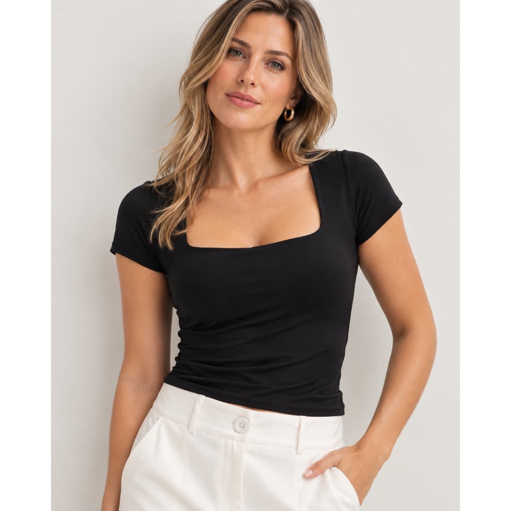 Blusa Feminina Manga Curta Decote Quadrado Básica Justa Casual Elegante