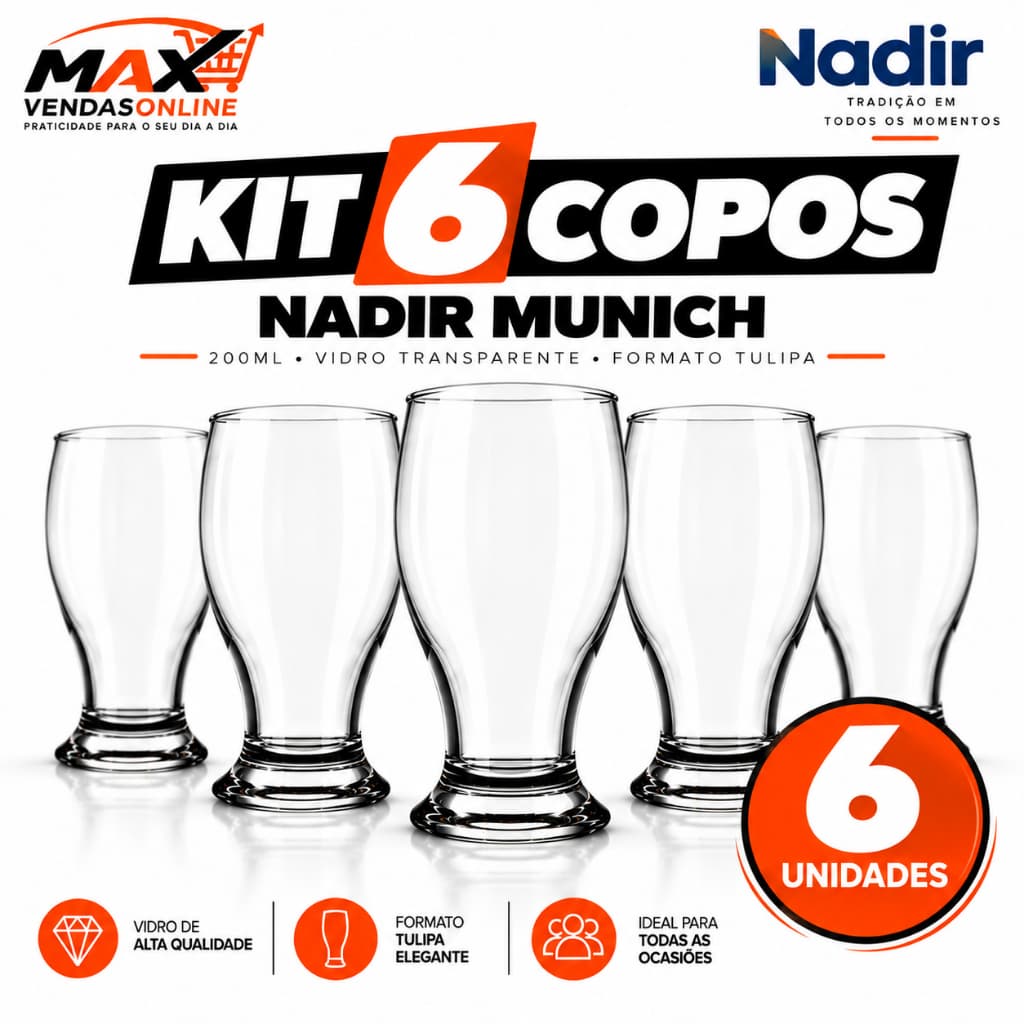 Kit 6 Copos Nadir Munich 200ml Tulipa de Vidro para Cerveja Chopp Jogo de Copos