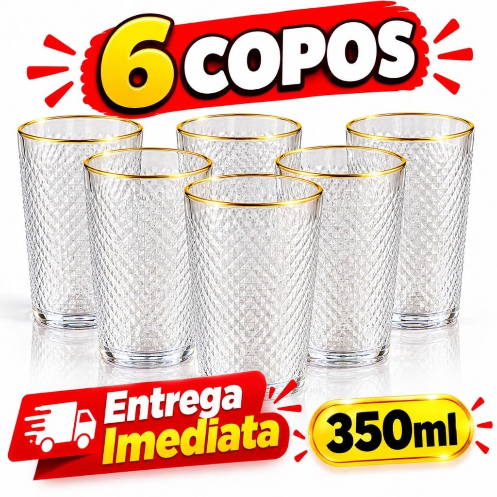 Jogo 6 Copos de Vidro 350ml Borda Dourada Copo Imperial Transparente