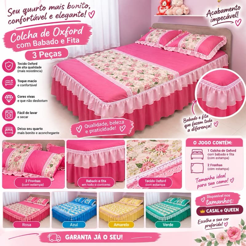 ✨Jogo de cama Casal e Quen Oxford 3 Peças,com babado e fita•PREMIUM💎•Envio rápido🚚✅e
