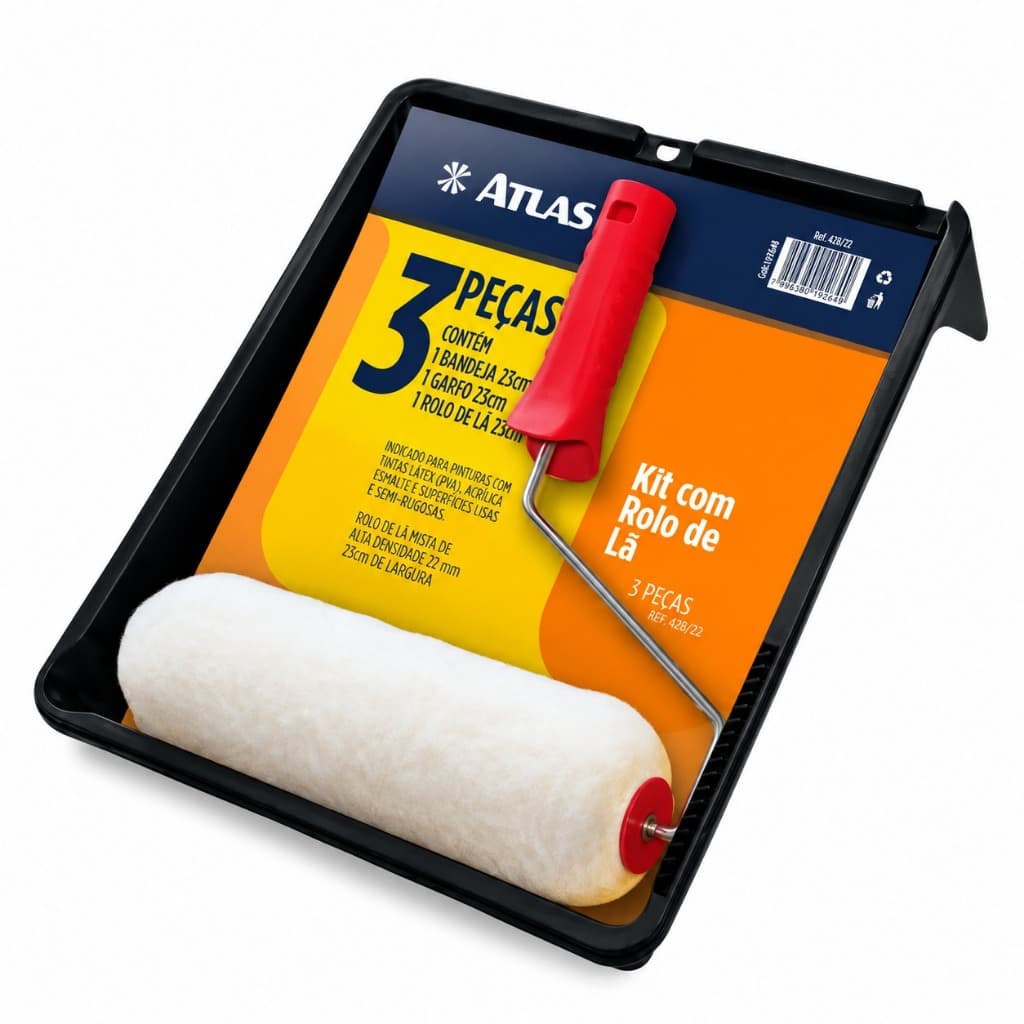 Conjunto de Pintura Rolo de Lã Natural Esmalte, Acrílica e Látex 3 Peças REF-428/22