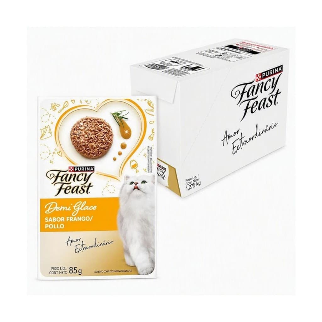 Ração Úmida Fancy Feast Purina Para Gato Sabor Demi Glace Com Frango 85g 15 Sachês