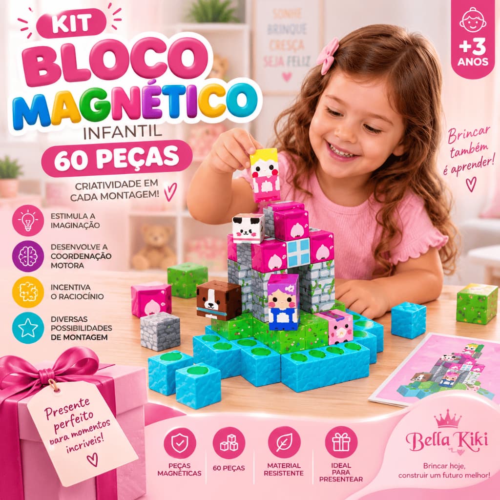 Kit Blocos Magneticos Infantil 60 Pecas Rosa Brinquedo Educativo Montar Criativo 3 Anos