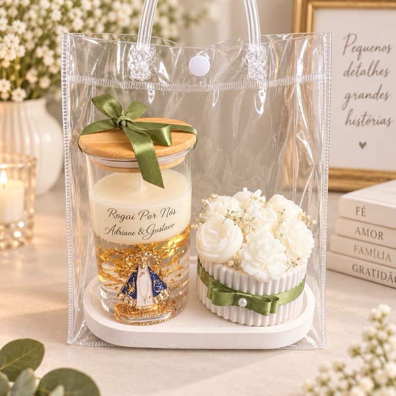 Kit Presente Nossa Senhora Aparecida com Vela Aromática + Mini Buquê | Personalizado para Madrinha, Padrinho e Batizado