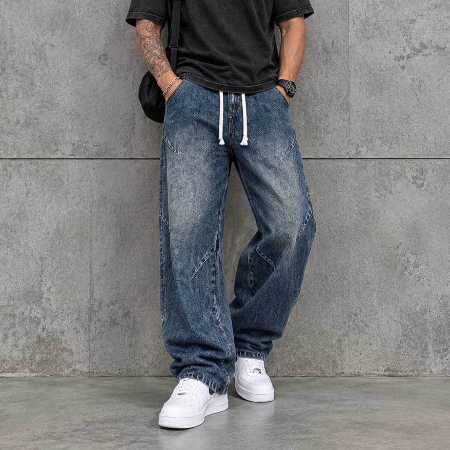Calça Jeans Masculina Wide Leg Algodão Elastano, Calça Jeans Desgastada com Costura Decorativa Casual Dia a Dia