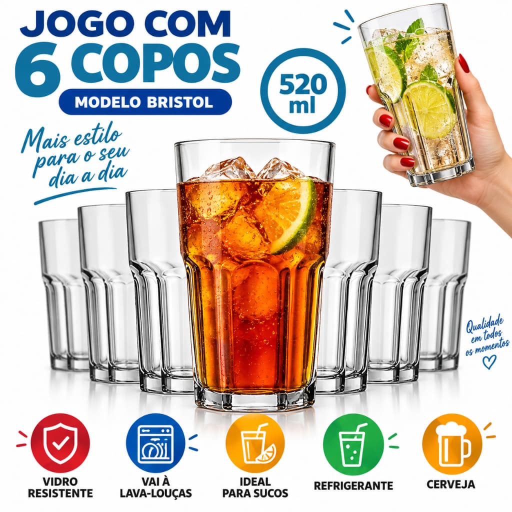 Kit Jogo 6 Copos Bristol Long Drink 520ml Vidro Grosso Bar Restaurante Buffet Nadir copo de vidro