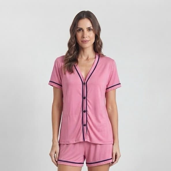 Pijama Adulto Blogueirinha curto feminino sem gola aberto na frente com botões pós cirúrgico verão Pijama blogueirinha